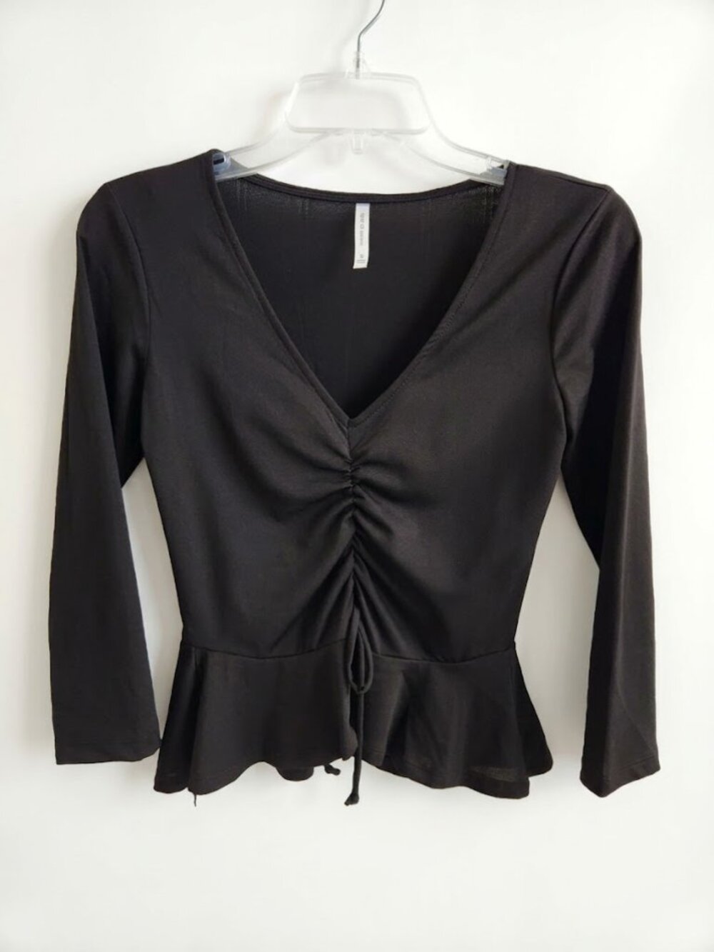 Chic Black V-Neck Ruched Drawstring Peplum Top - Size S